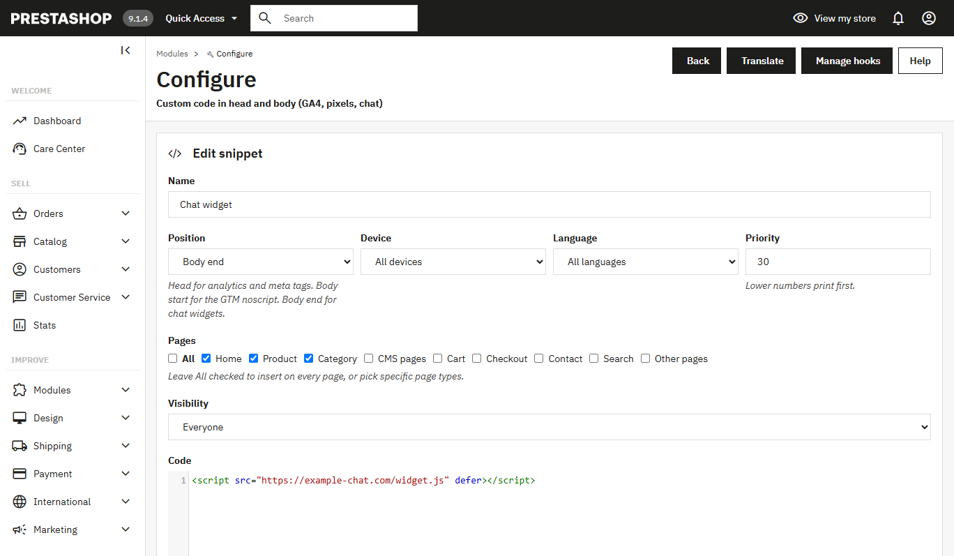 Editor con resaltado y segmentación por página, dispositivo, idioma y visibilidad