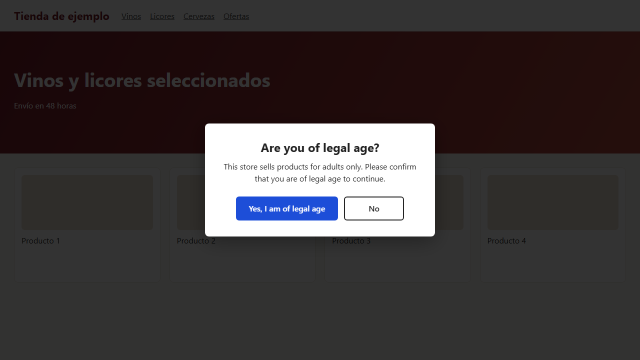 The &ldquo;Are you of legal age?&rdquo; window on a desktop screen: logo, text, a &ldquo;Yes, I am of legal age&rdquo; button and a &ldquo;No&rdquo; button over the darkened store