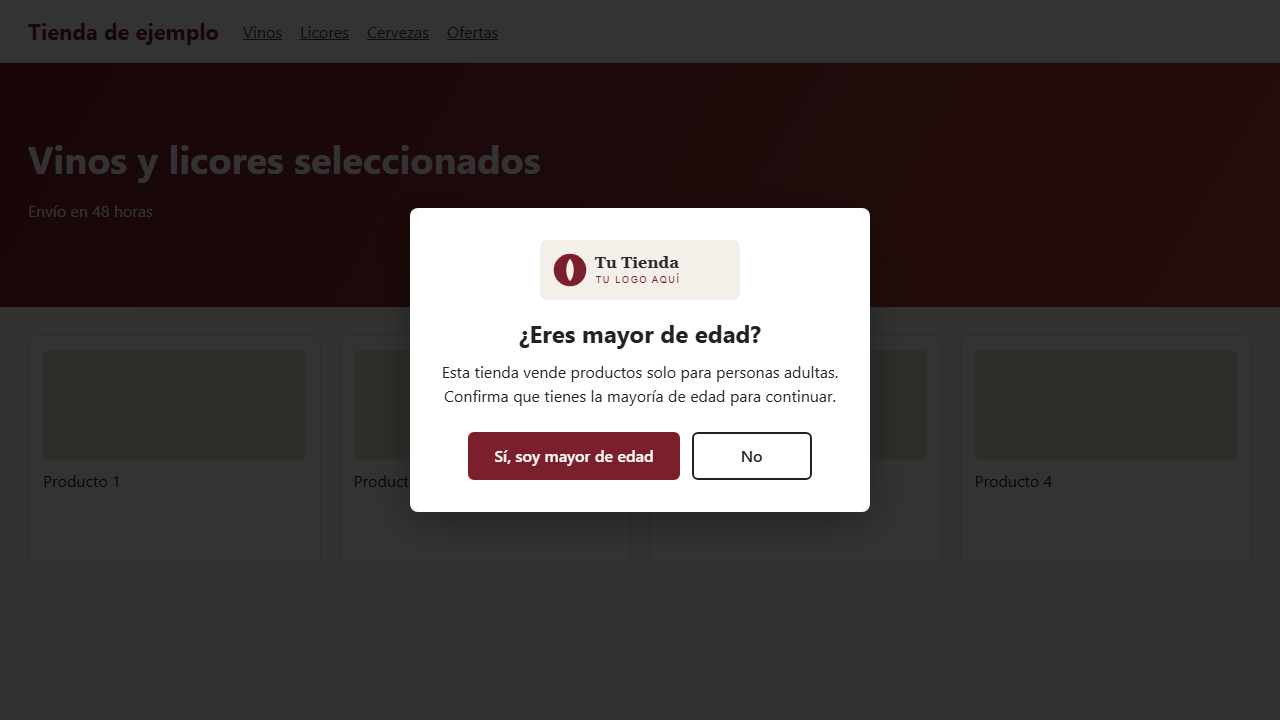 Ventana «¿Eres mayor de edad?» en un ordenador: logo, texto, botón «Sí, soy mayor de edad» y botón «No» sobre la tienda oscurecida